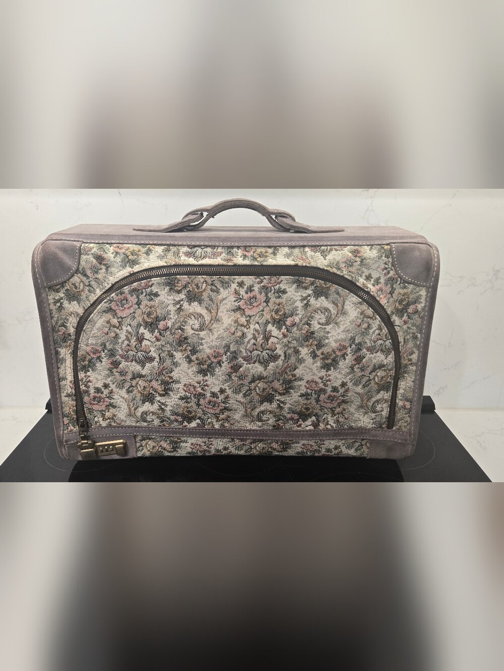 Vintage French Luggage Co. Gray Rose Floral Tapestry Suede